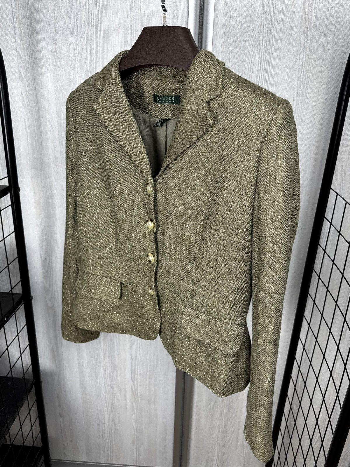 Lauren Ralph Lauren Ralph Lauren Green Gold Metallic Herringbone Blazer Linen Size M / US 6-8 / IT 42-44 - 7 Thumbnail