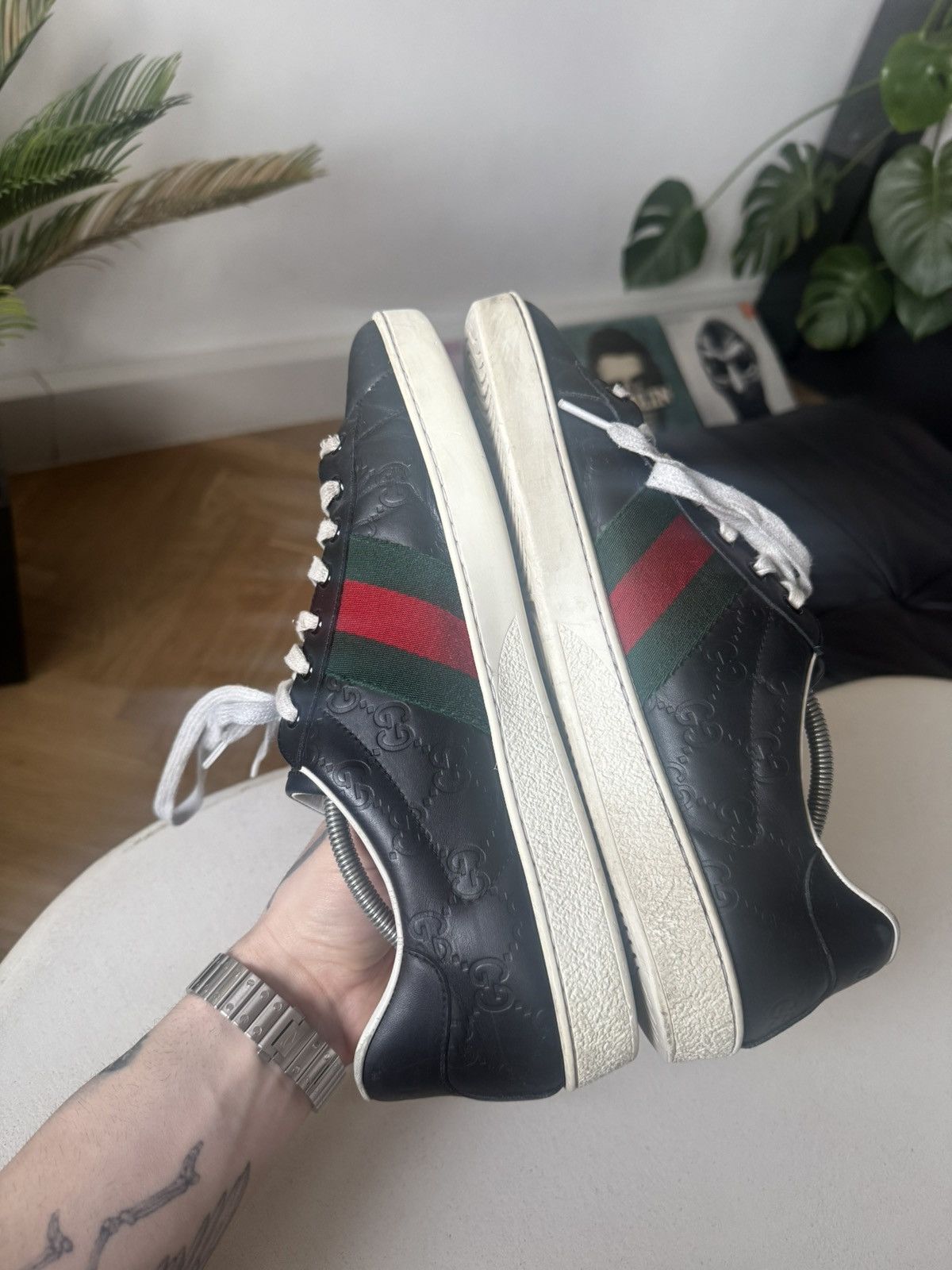 Gucci Gucci Ace Black Monogram Leather Sneakers Designer Luxury Size US 8.5 / EU 41-42 - 4 Thumbnail