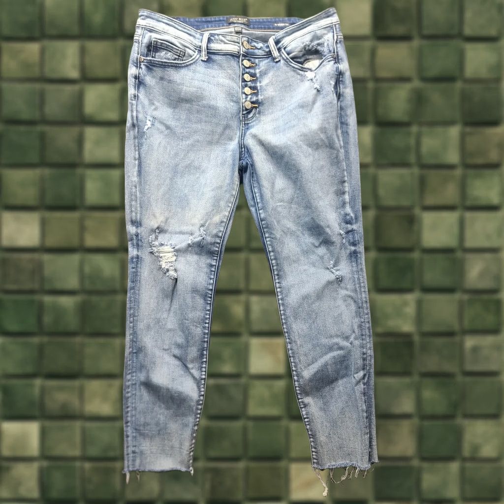 Vintage Judy Blue Jeans Womens 34x30 Boyfriend High Rise Button Fly Distressed Raw Blue Denim Regular 5-Pocket Rise: High Mens? Size 24" / US 00 / IT 34 - 1 Thumbnail