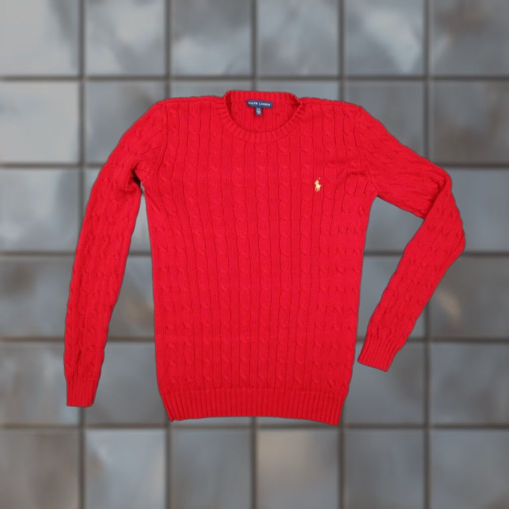 Ralph Lauren RALPH LAUREN BLUE LABEL Women's Medium Red Cable-Knit Sweater Pullover with Gold Pony, Long Sleeve, Crew Neck, Classic Preppy Style Size M / US 6-8 / IT 42-44 - 1 Thumbnail