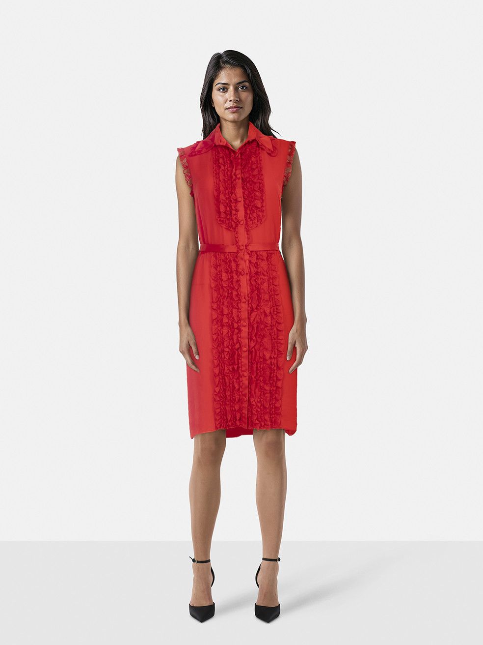 Valentino Red Sleeveless Lace Ruffle Trim Dress Size S / US 4 / IT 40 - 1 Thumbnail