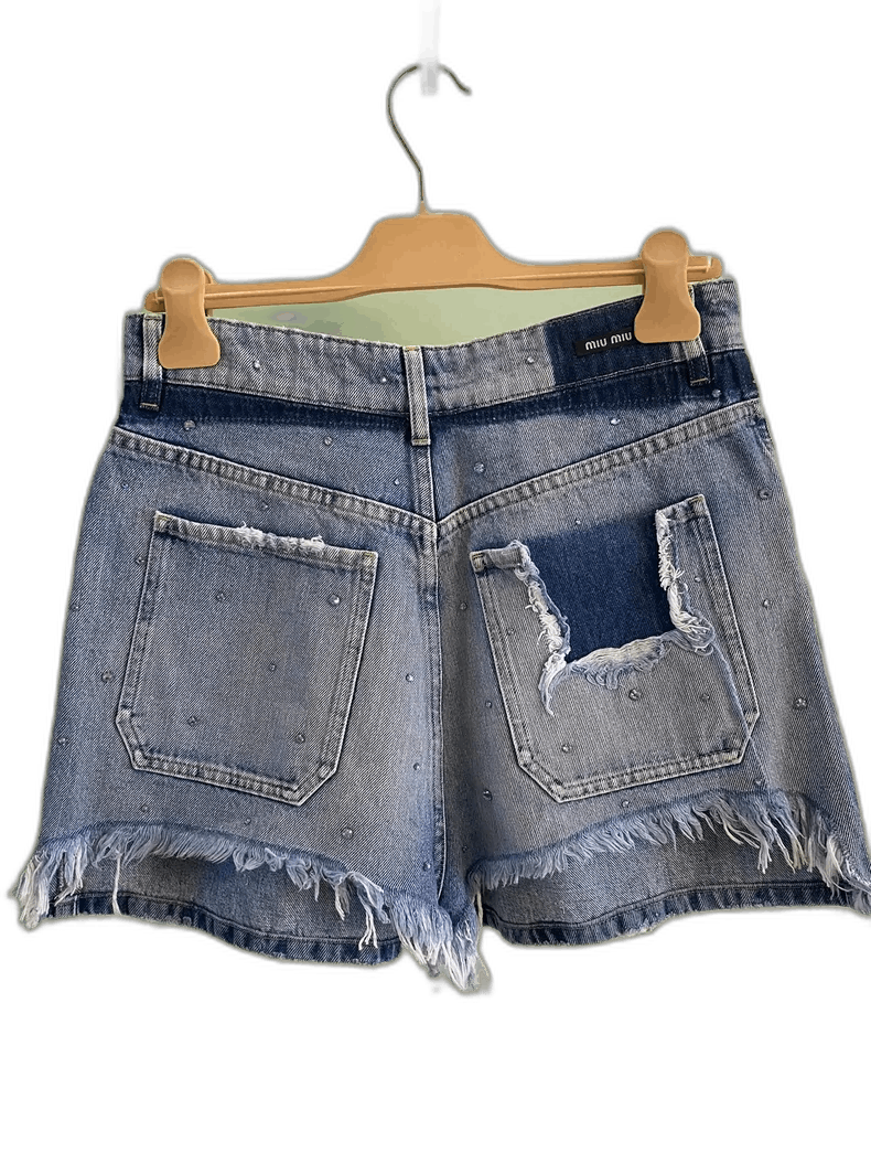 Miu Miu Distressed Denim Shorts with Logo -2505