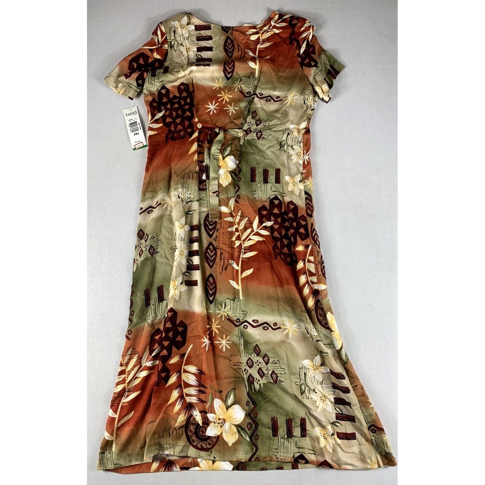 Vintage TEDDI DRESS PETITE WOMENS PM BROWN ORANGE FLORAL RAYON NWT Size M / US 6-8 / IT 42-44 - 2 Thumbnail