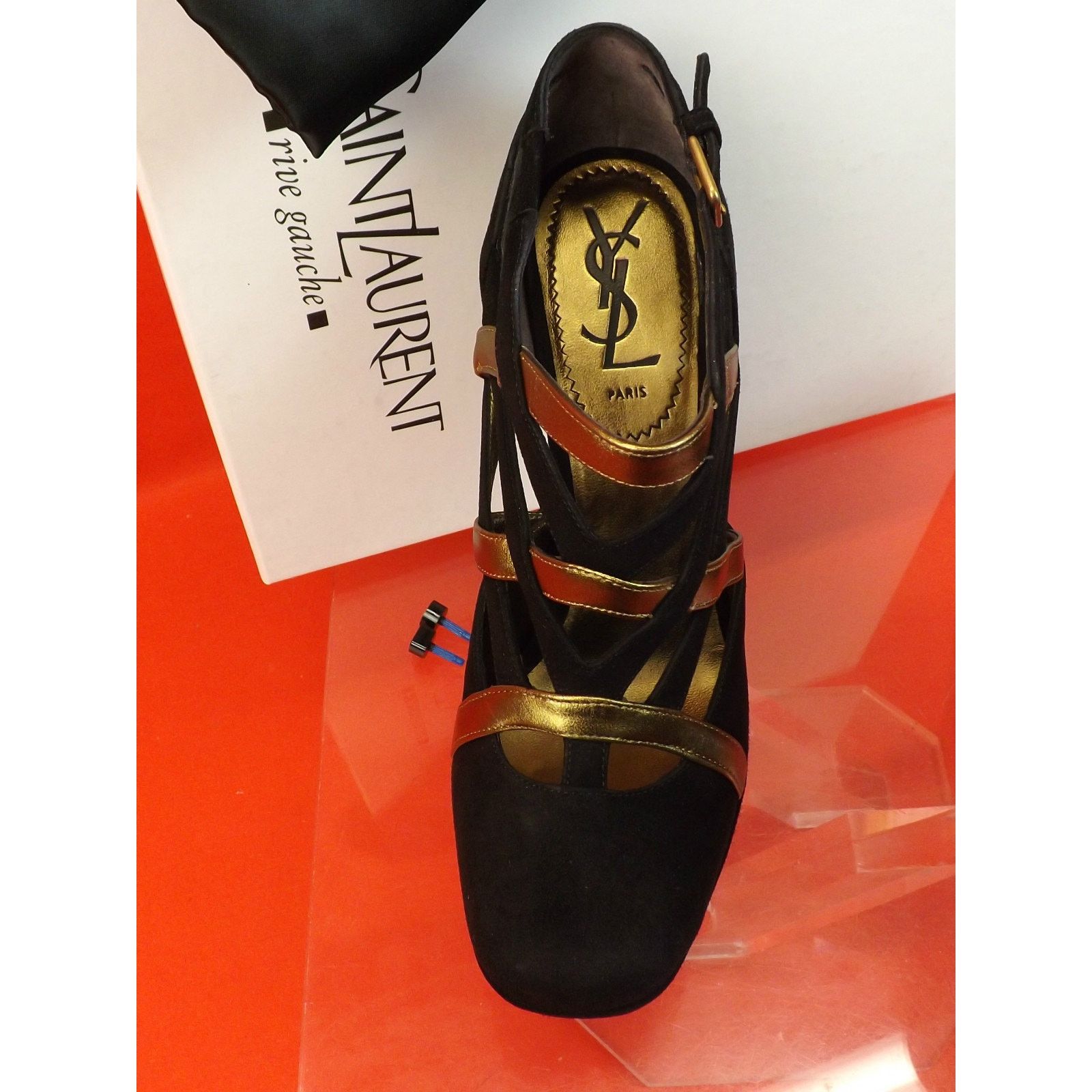 Saint Laurent Paris YVES SAINT LAURENT LUCY BLACK GOLD LEATHER PUMPS 36.5 $1K Size US 6.5 / IT 36.5 - 4 Thumbnail