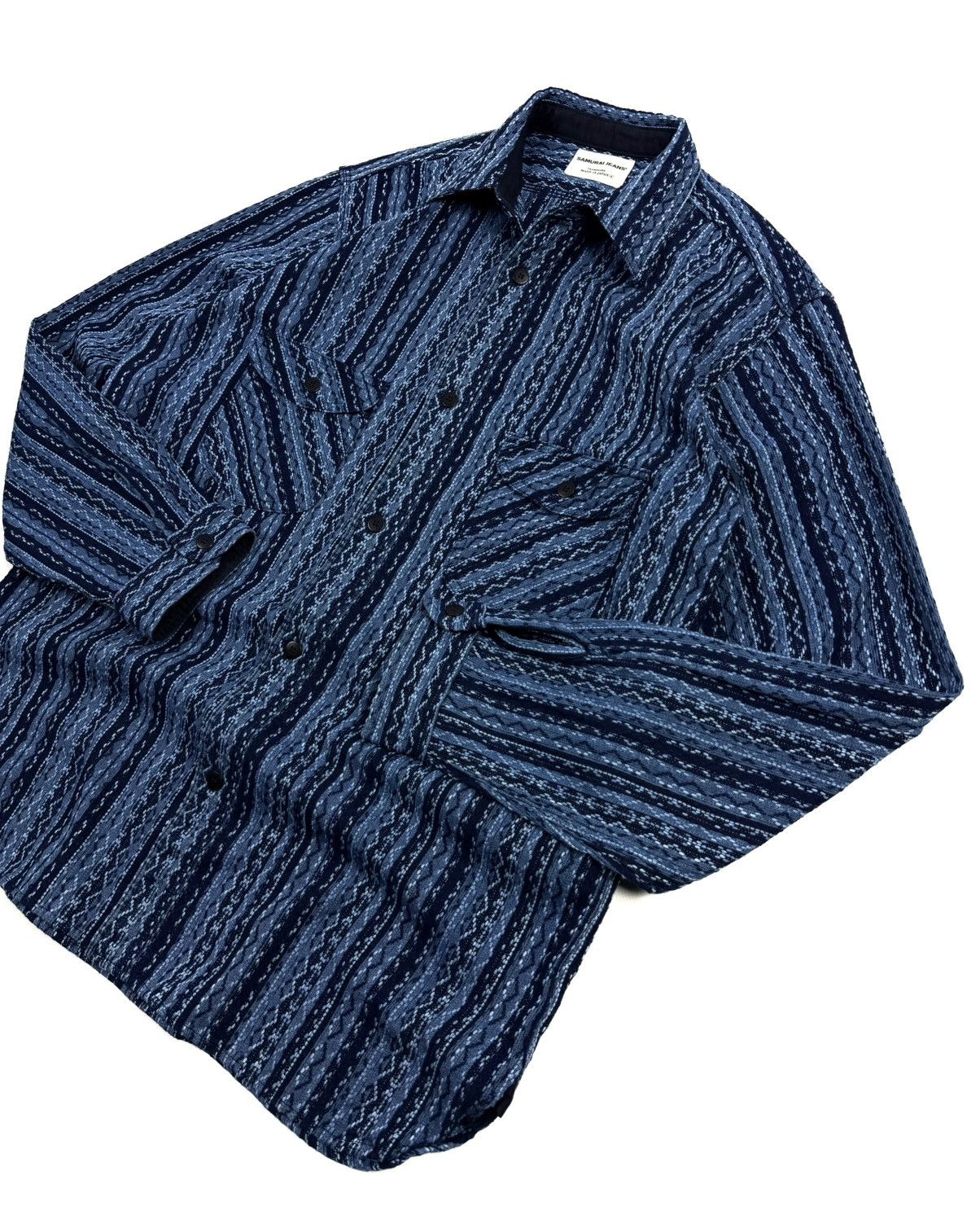 Samurai Jeans Samurai Jeans Japanese Indigo Sashiko Stripe Work Shirt rare Size US XXL / EU 58 / 5 - 11 Thumbnail
