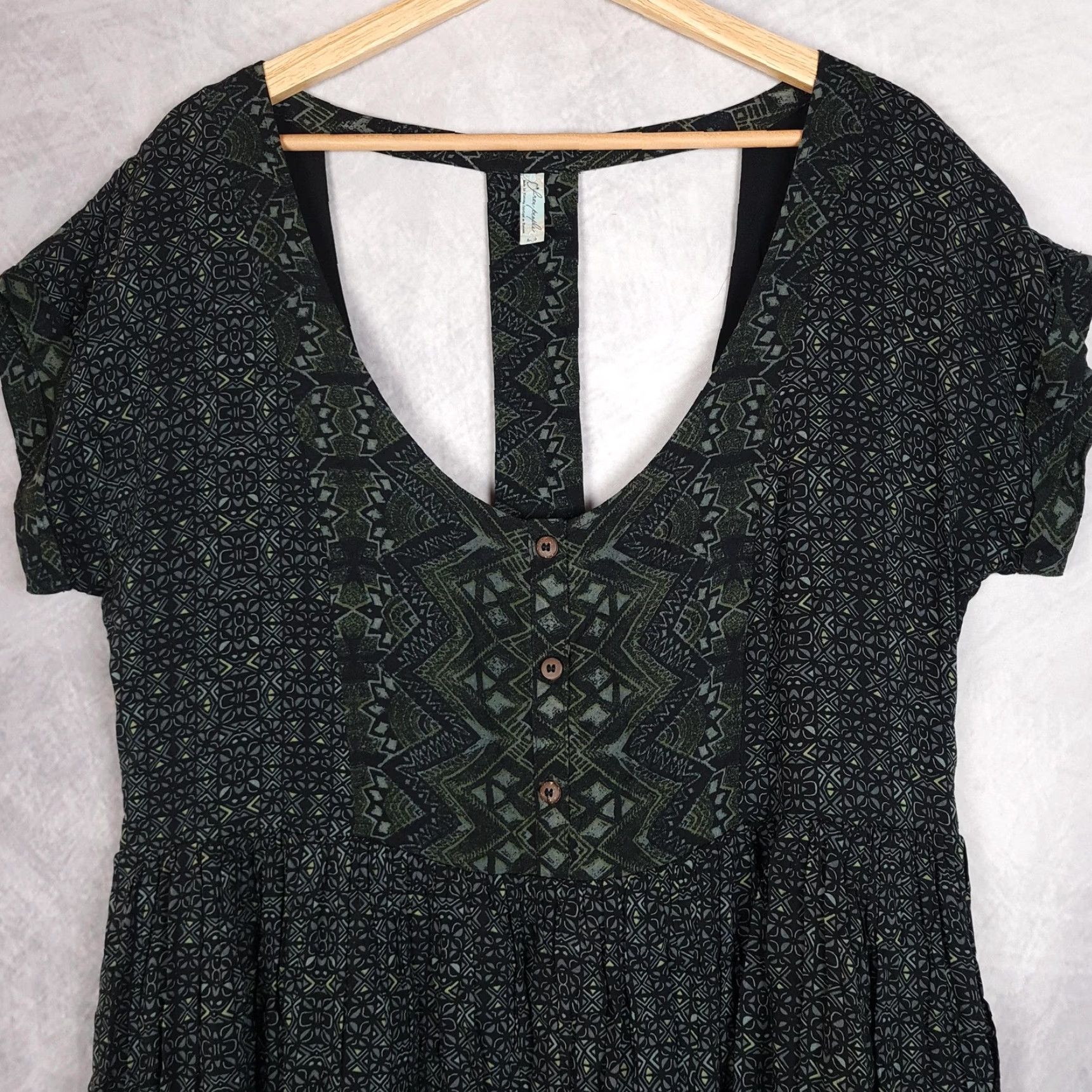 Free People Free People Dress Womens L Green Geometric Trapeze Swing Mini Scoop Back Cap Sleeve Pockets Size L / US 10 / IT 46 - 4 Thumbnail