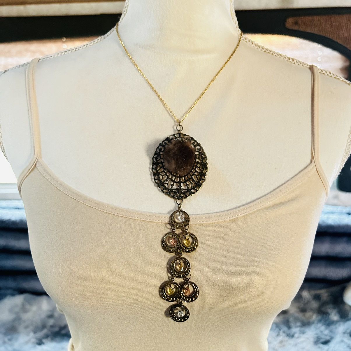 Handmade Handcrafted mink brass medallion crystal chandelier necklace Size ONE SIZE - 2 Thumbnail