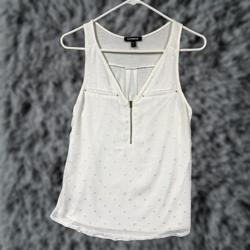 Express Express Tank Top Womens S/P White Polka Dot Zipper Studded V-Neck Tank Top, Petite, Sleeveless, Summer, Casual, Preppy Retro, Express Size S / US 4 / IT 40 - 1 Thumbnail