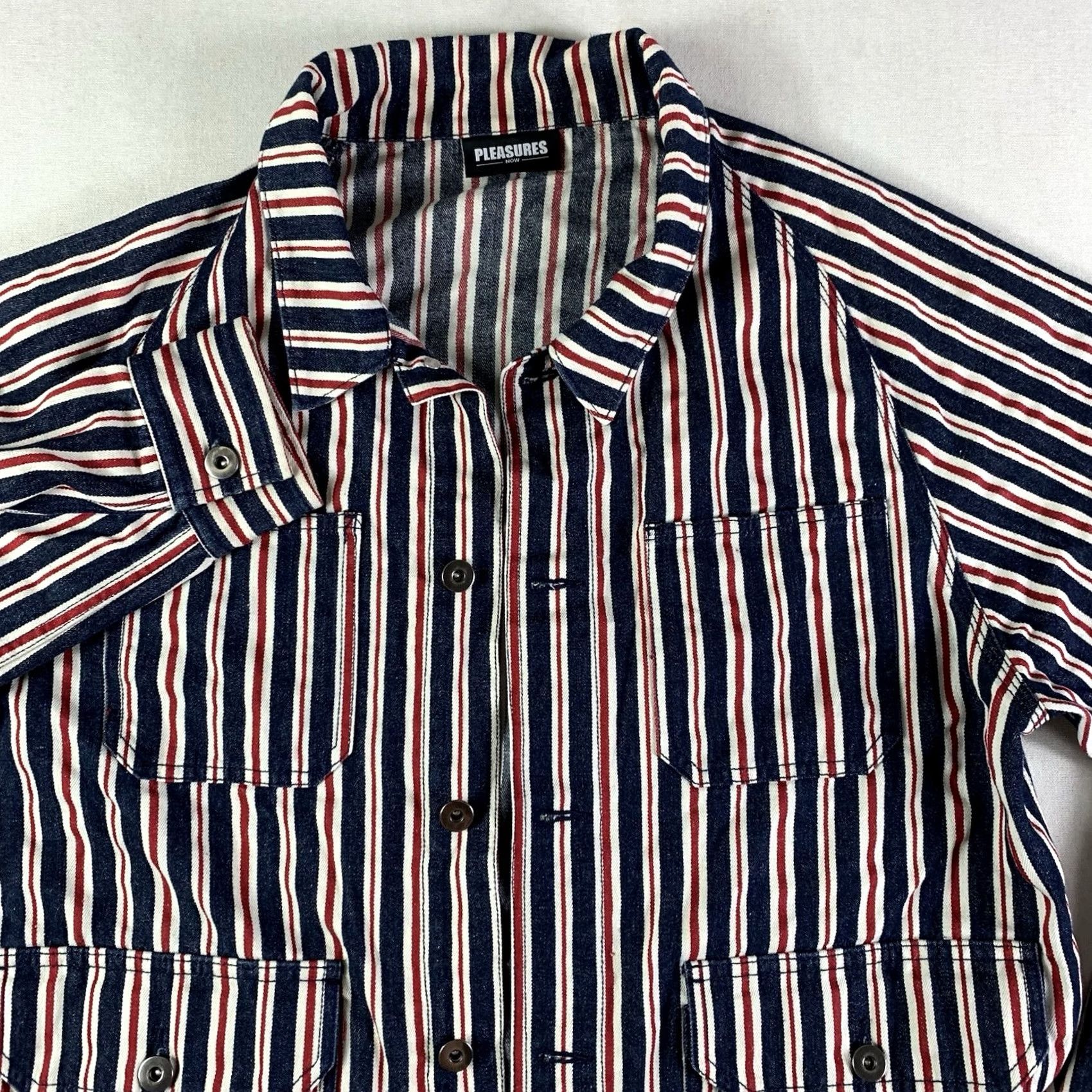Pleasures Pleasures Now Striped Denim trucker Jacket Adult Large Blue red button up Size US L / EU 52-54 / 3 - 2 Thumbnail