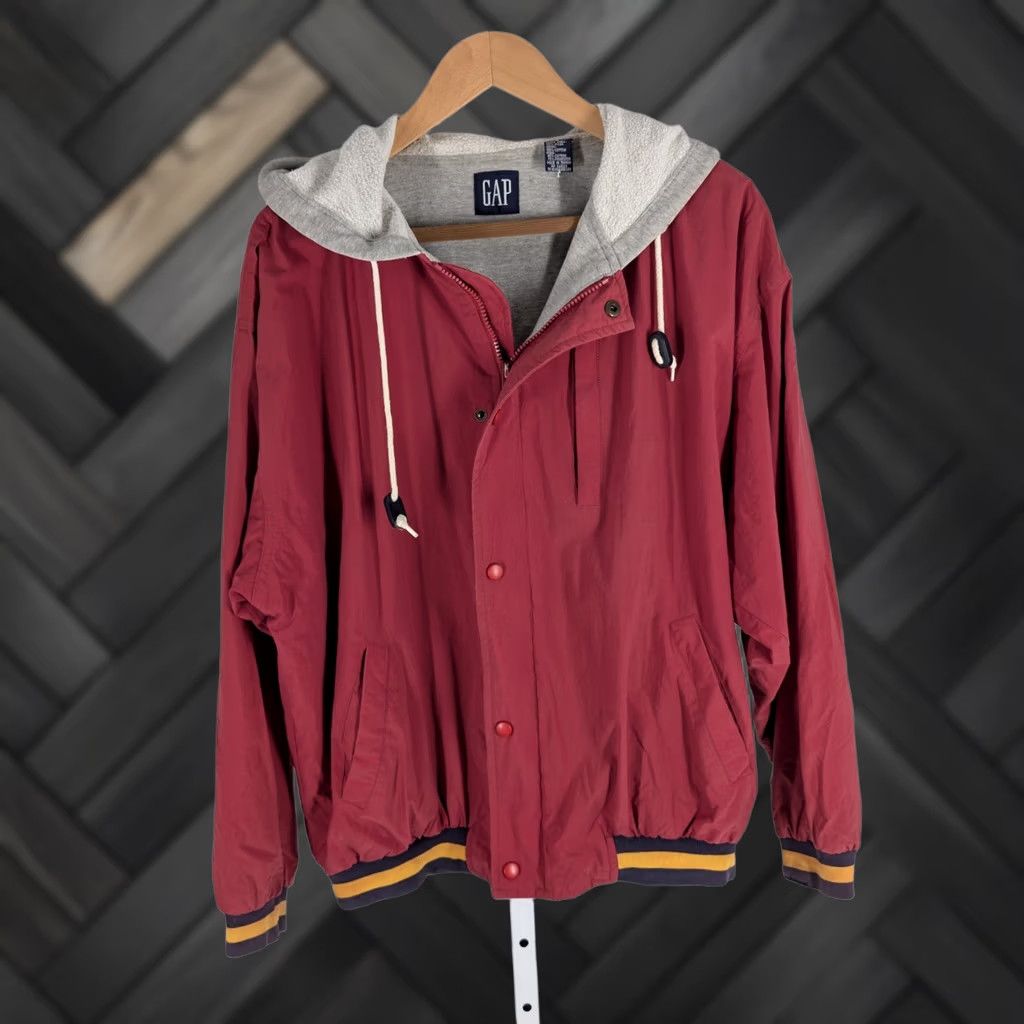 Gap VINTAGE Gap Bomber Jacket Hooded Nylon Lined 90s M Taiwan Red Jersey Cotton 25.5" Mid-Length Mens Size US M / EU 48-50 / 2 - 1 Thumbnail