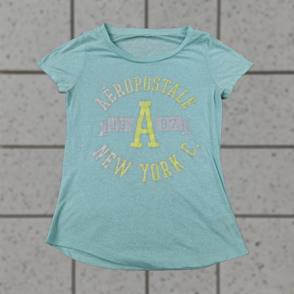 Vintage Aeropostale Shirt Women's Large Blue Yellow Spellout Casual Preppy Lightweight Short Sleeve T-Shirt Cap Sleeve Cotton Polyester Embroidered Size L / US 10 / IT 46 - 1 Thumbnail