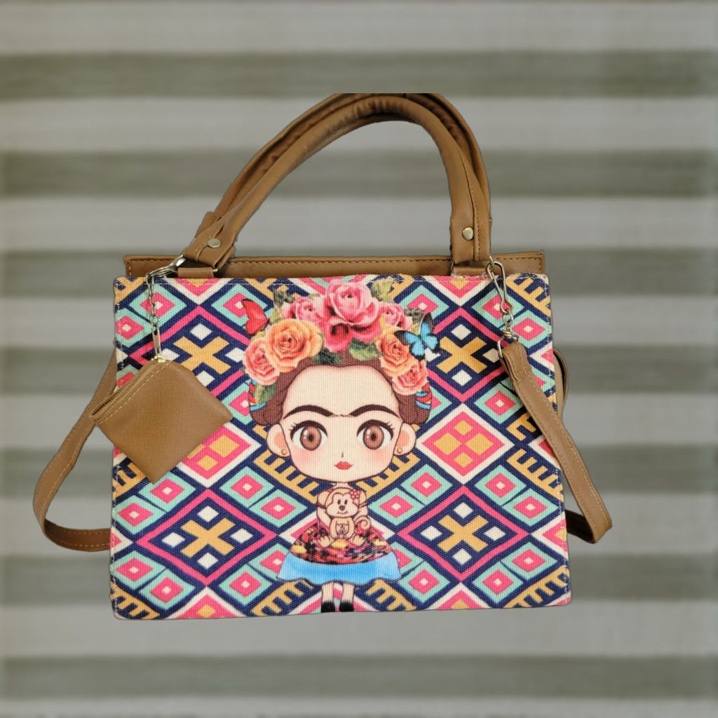 Changes Cartoon Frida Kahlo Shoulder Bag Purse EUC Tan Multicolor Faux Leather Women's Medium 12x10x4 Change Purse Handbag Size ONE SIZE - 1 Thumbnail