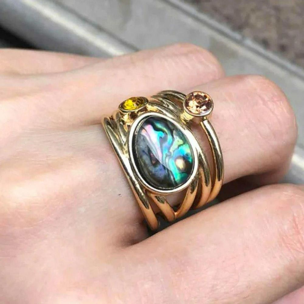 Designer Retro Moonstone Mosaic Gold Bohemian Ring - Size 6 Size ONE SIZE - 9 Thumbnail