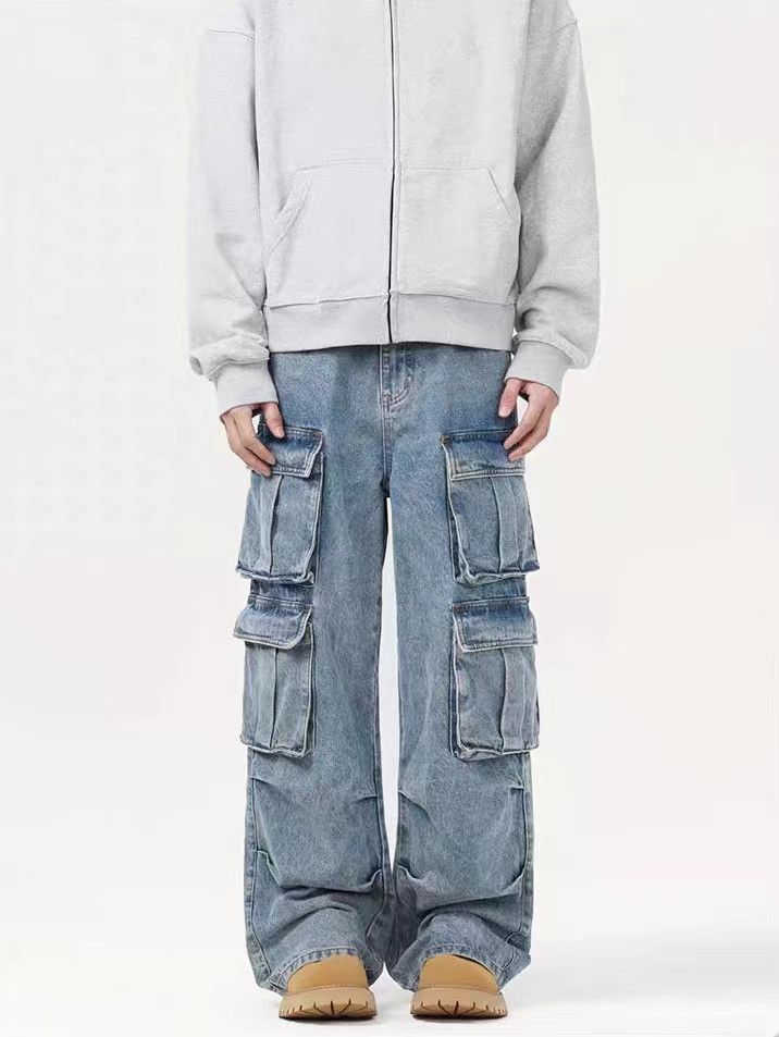 Vintage Street Multi-Pocket Washed Loose Work Jeans