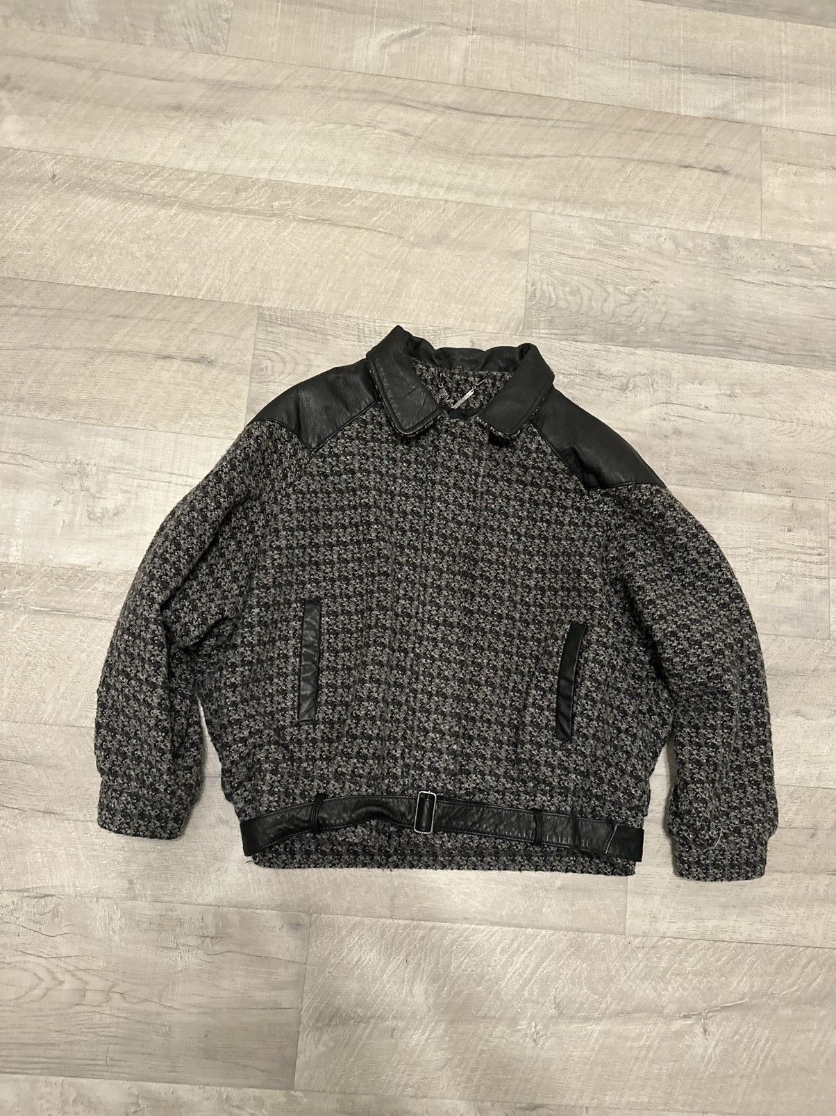 Vintage Korean Wool Leather Bomber Jacket Oversized Boxy Fit