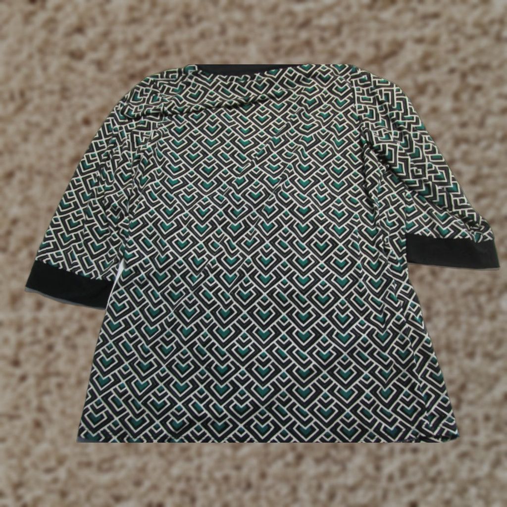 Vintage Motherhood Maternity Womens L V-Neck Shirt Elbow Sleeve Stretch Black Geometric Casual Shirt Womens L Black V-Neck Elbow Sleeve Stretch