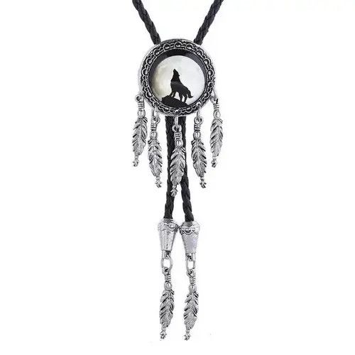 VIBE Western White Moon Wolf Feather Bolo Tie Size ONE SIZE - 4 Thumbnail