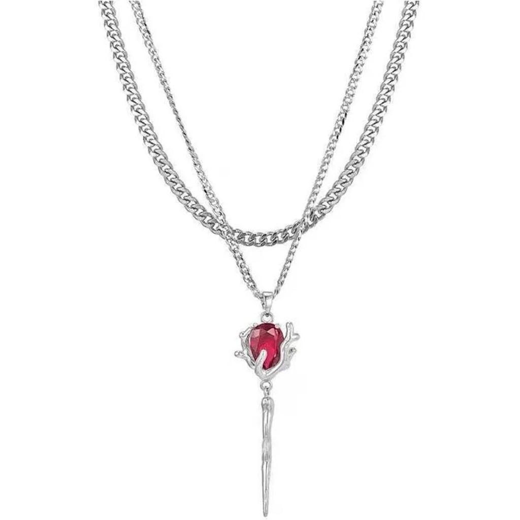 Jewelry Double Layer Red Zircon Rose Necklace Size ONE SIZE - 2 Thumbnail
