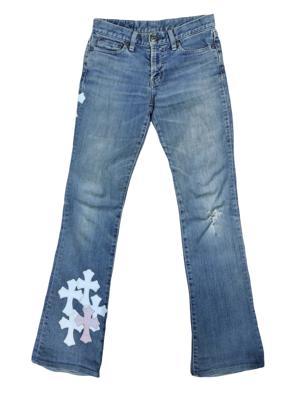 image of 1/1 Chrome Hearts Moussy Japanese Denim Cross Jeans Size 24 in Dirty Light Blue, Men's
