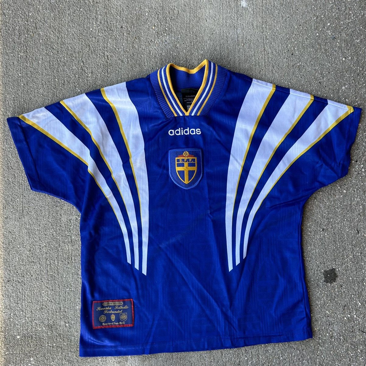 Image of 1997 Adidas X Sweden, Soccer Knit Blue Away, Men's (Size XS)