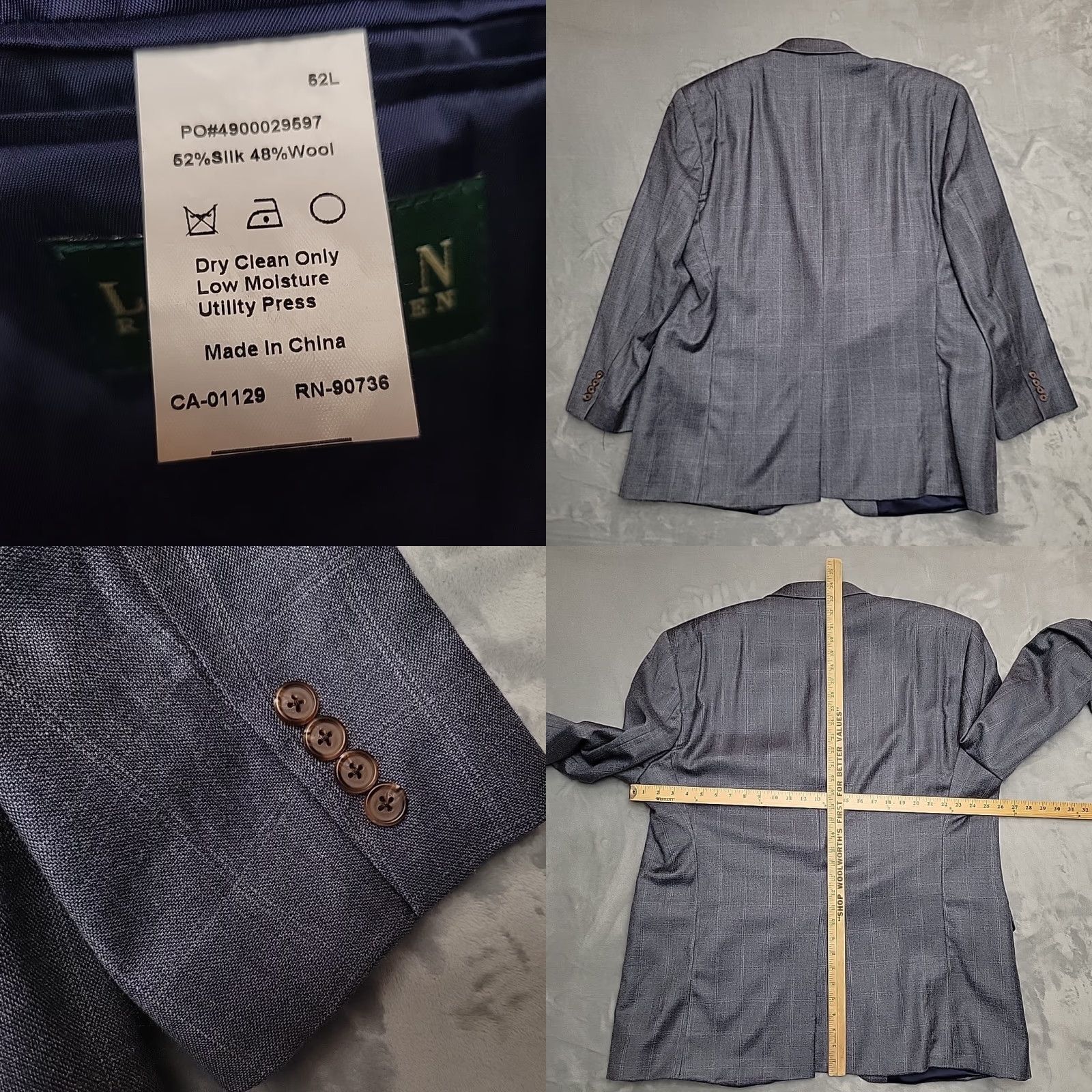 Ralph Lauren Lauren Ralph Lauren Blazer Mens 52L Gray Plaid Silk Wool Sports Jacket Size 52R - 8 Thumbnail