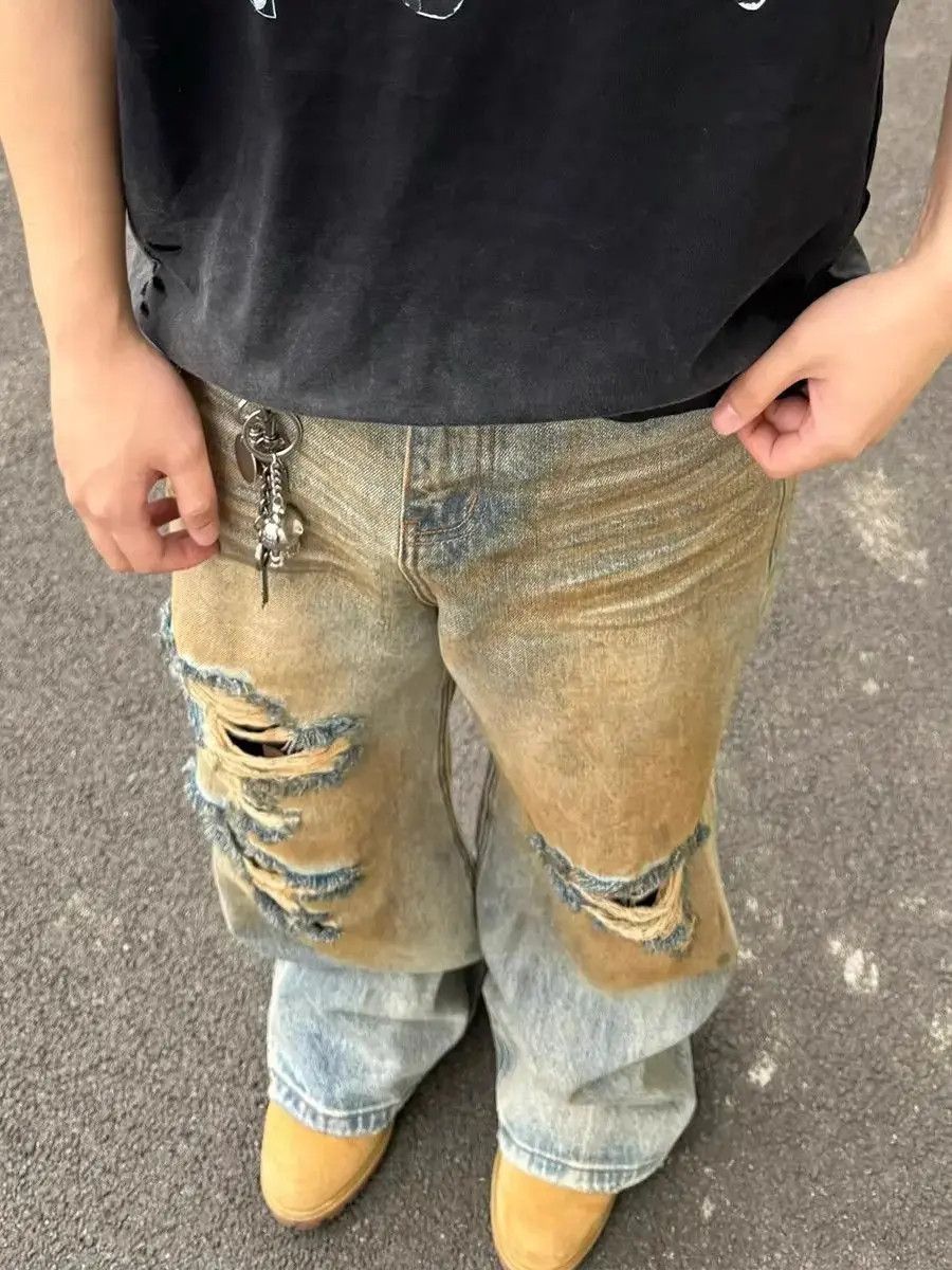 Japanese Brand Retro loose straight leg washed ripped jeans Size US 32 / EU 48 - 3 Thumbnail