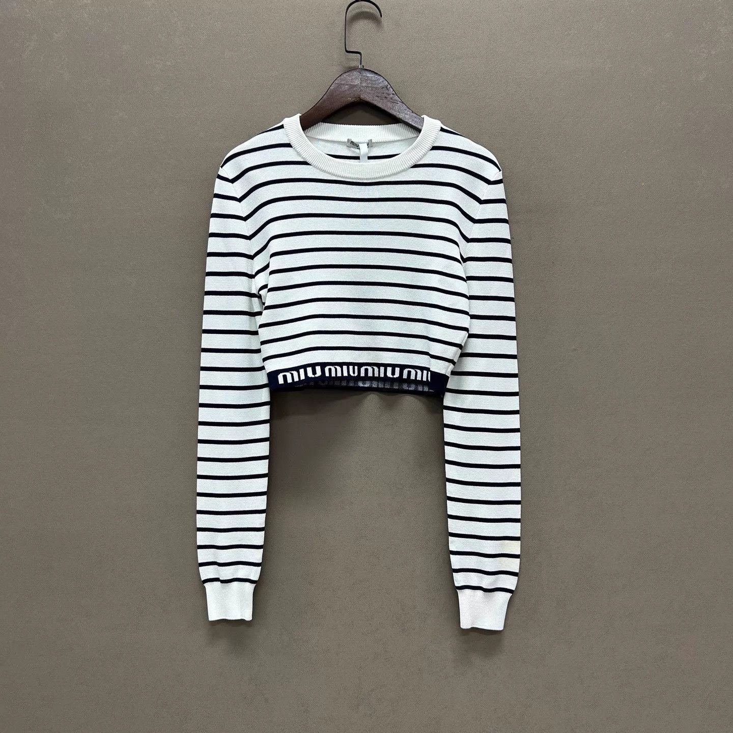 Miu Miu MIU MIU Blue/White Striped Knit LS Hem Logo 40 New w/tags Size S / US 4 / IT 40 - 1 Thumbnail