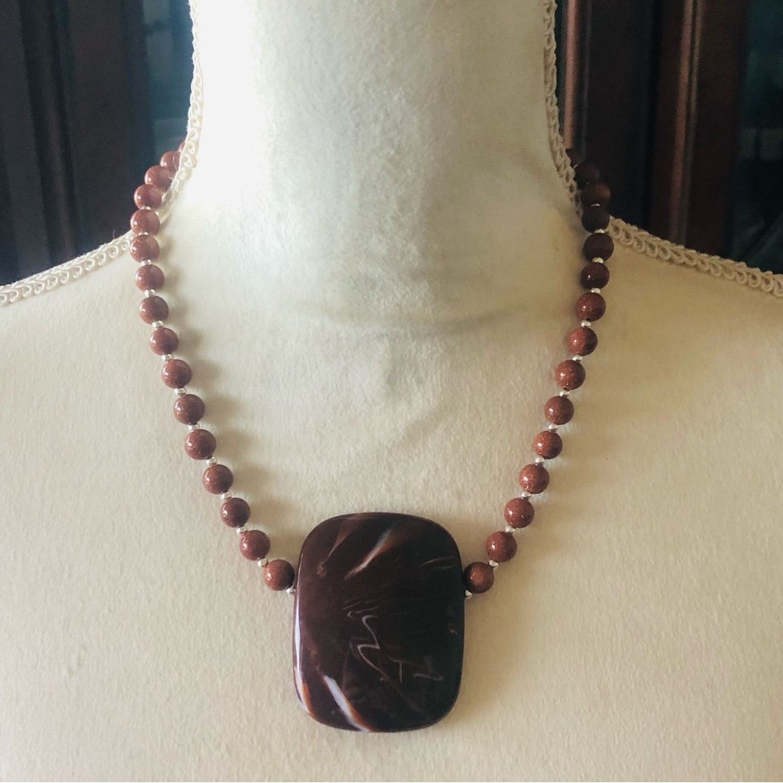 Handmade Handcrafted large marble medallion goldstone bead necklac Size ONE SIZE - 4 Thumbnail