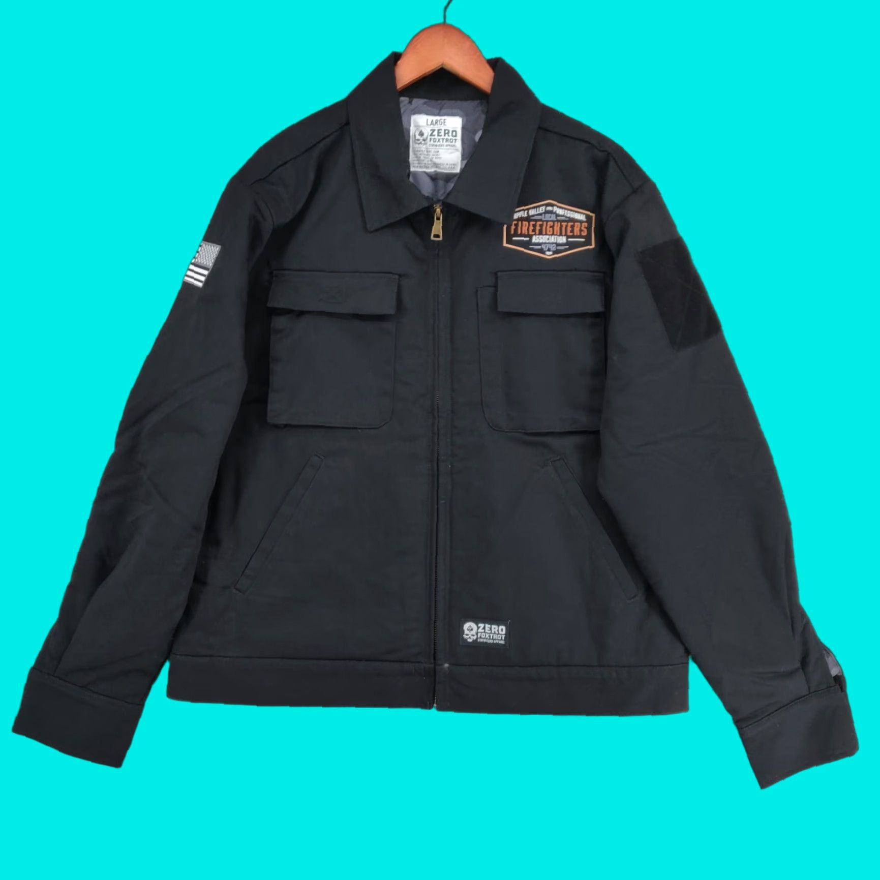 Zero Foxtrot Jacket Mens Large Black Mechanic Embroidered USA Flag Firefighters Military Outdoors