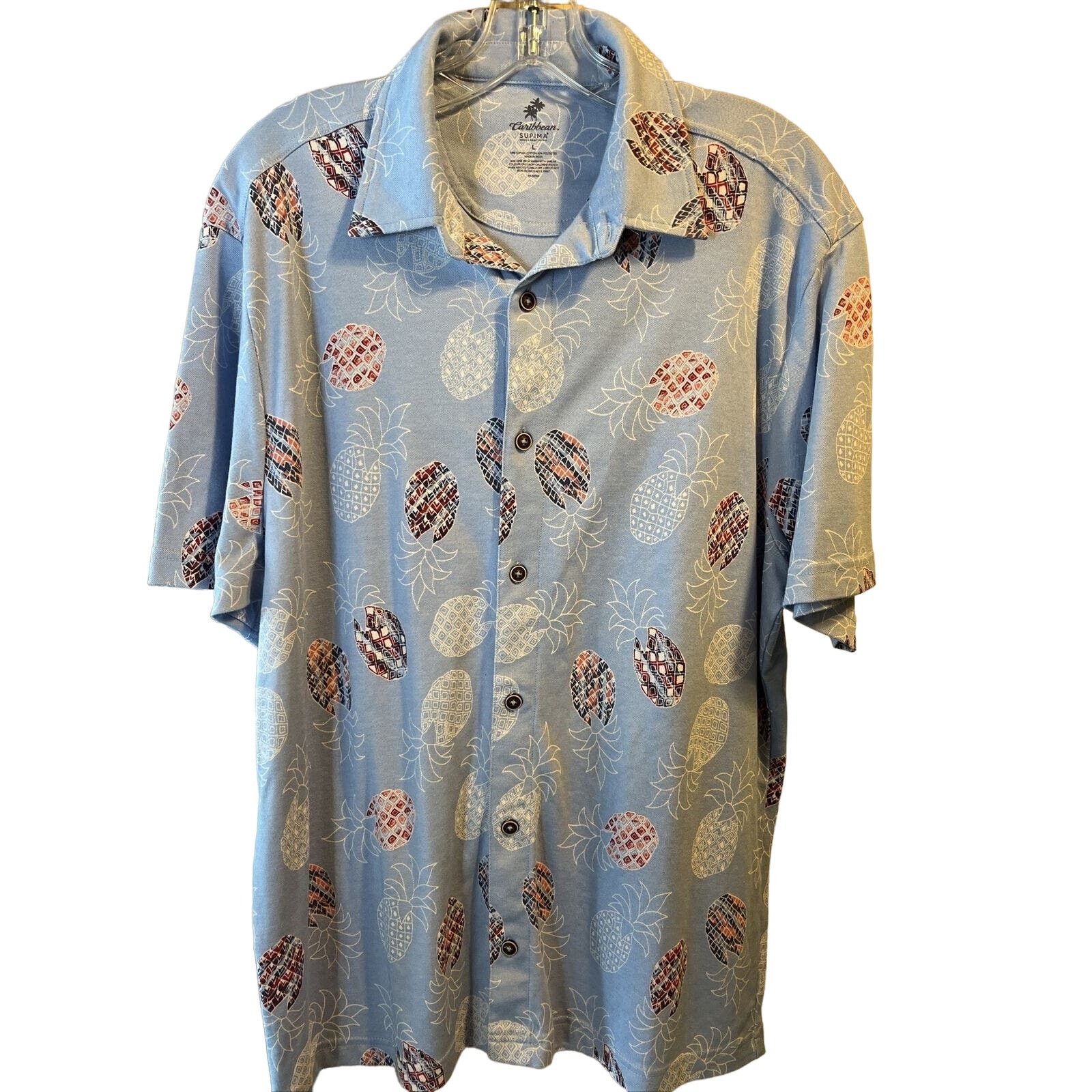 Caribbean Caribbean Men's L Blue Pineapple Button Cotton Blend Shirt Size US L / EU 52-54 / 3 - 1 Thumbnail