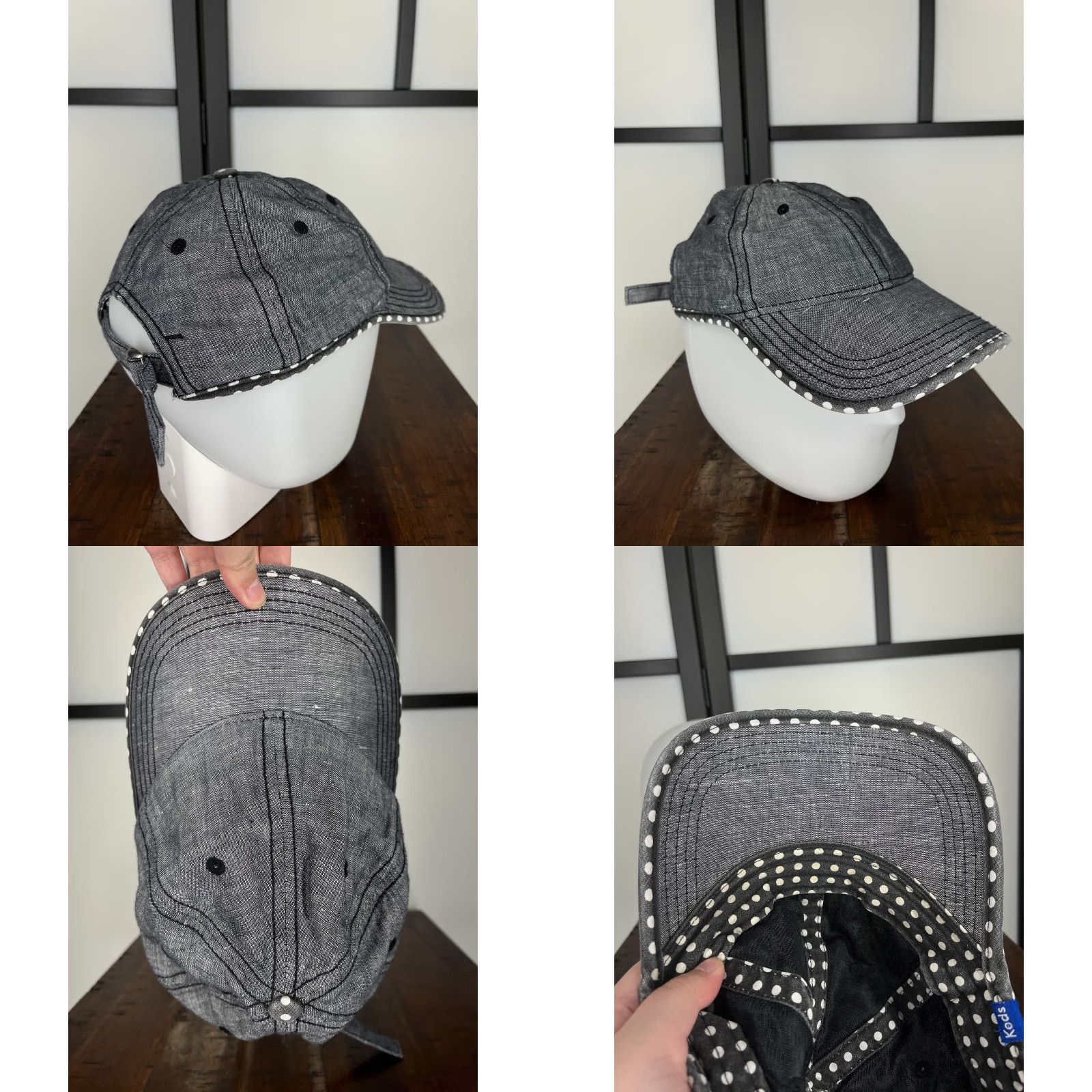 Keds Keds Hat Cap Strap Back Adult One Size Gray Denim Look Polka Dot Trim Poly Blend Size ONE SIZE - 8 Thumbnail