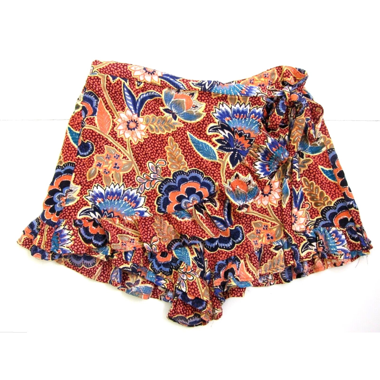 Vintage Angie Women Floral High Rise Ruffle Wrap Shorts 100% Rayon Orange Blue Large Size 36" / US 14 / IT 50 - 8 Thumbnail