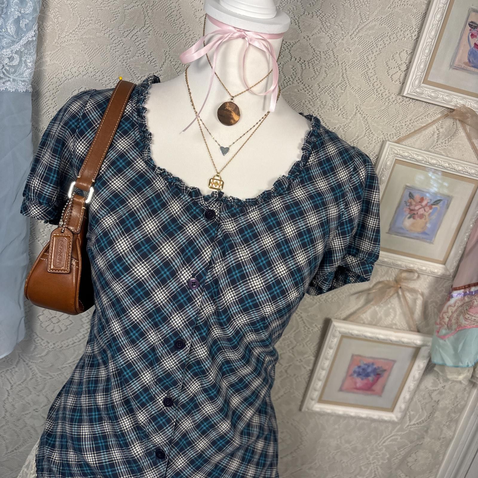 St. Johns Bay vintage ruffle plaid milk maid blouse top Size M / US 6-8 / IT 42-44 - 2 Thumbnail