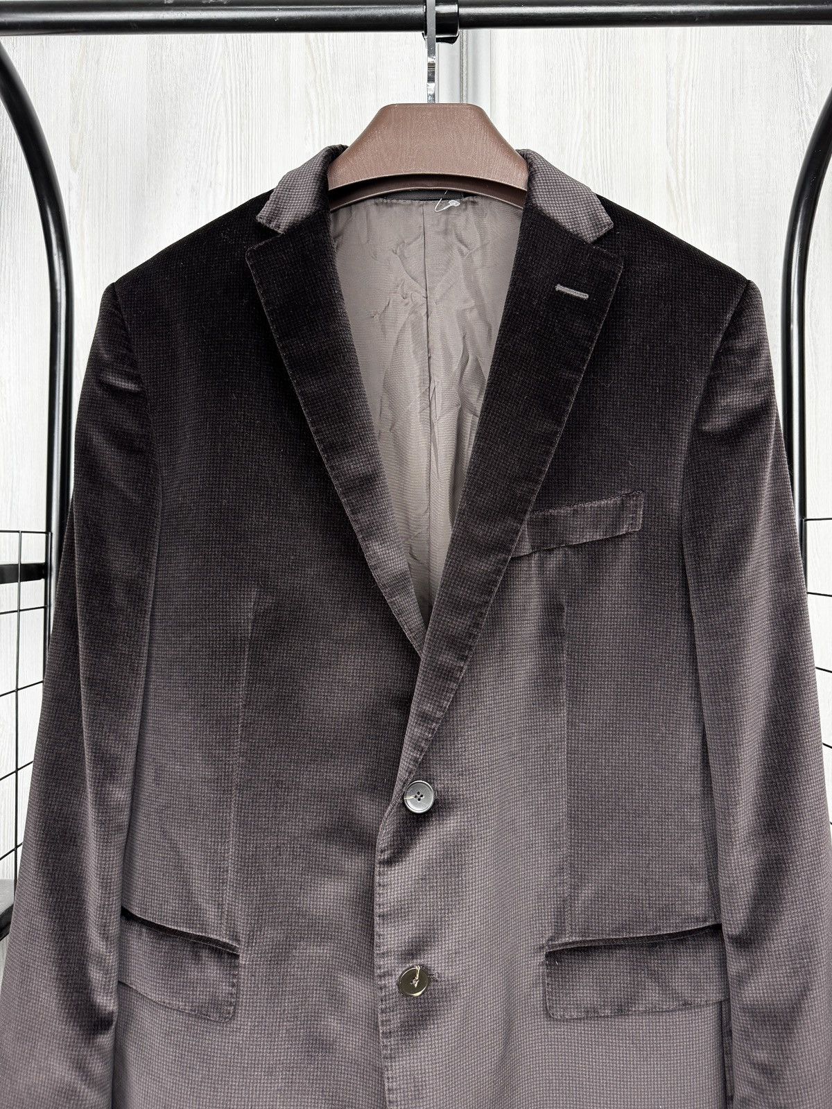 Z Zegna Z ZEGNA Checkered Brown Velvet Velour Notch Lapel Sport Coat Size 44R - 3 Thumbnail