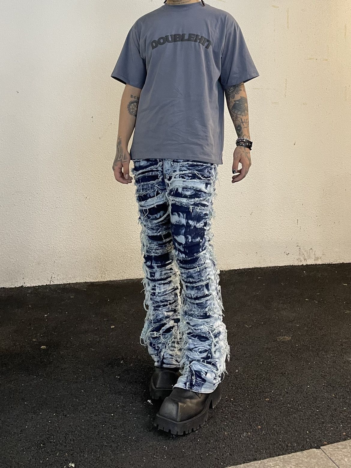 Opium Distressed Stack Jeans Baggy Ripped Jeans Acid Painted 