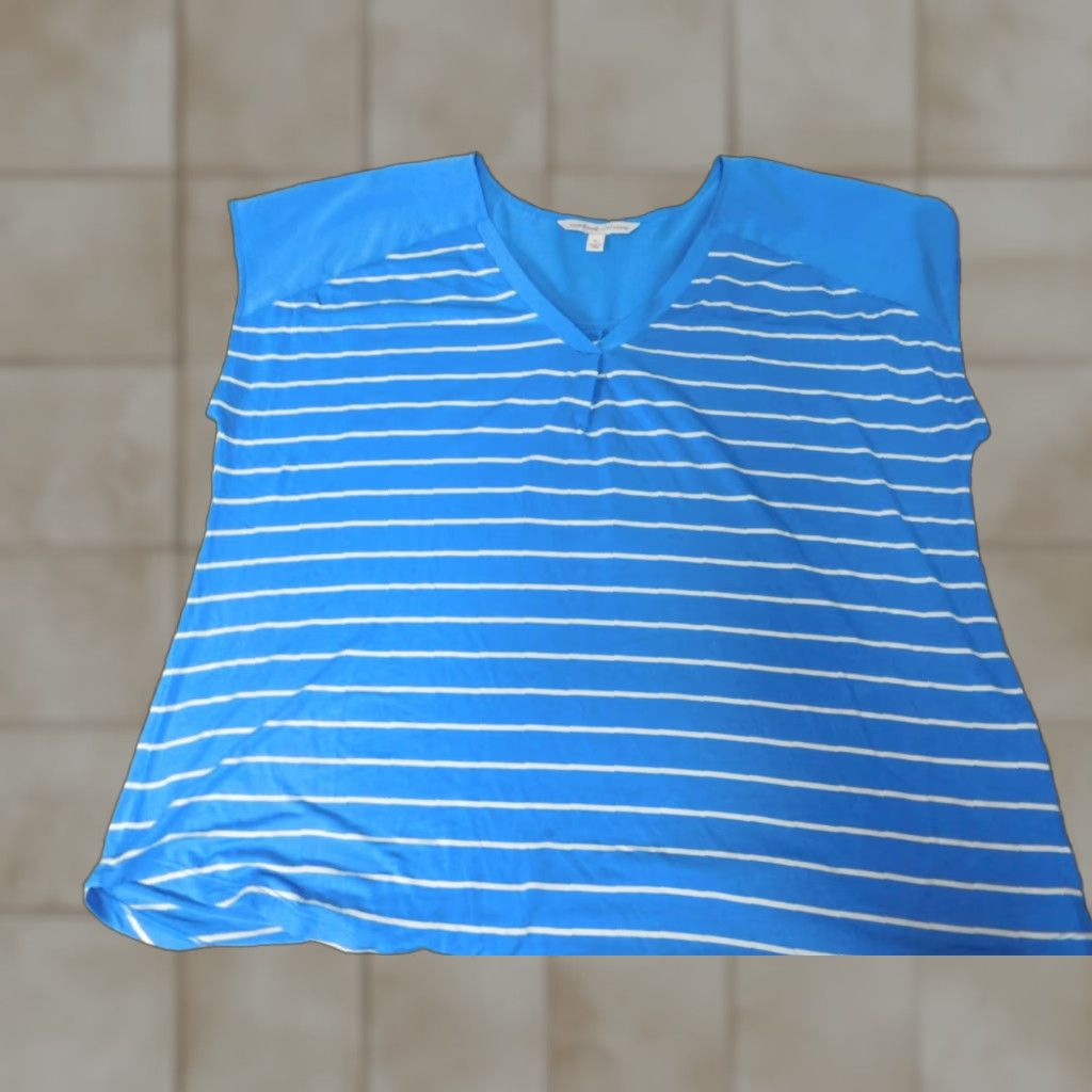 Vintage Adrienne Vittadini Blouse XL Womens Blue Striped Pullover Dolman Sleeve Collared Button Polyester Down” Size XL / US 12-14 / IT 48-50 - 1 Thumbnail
