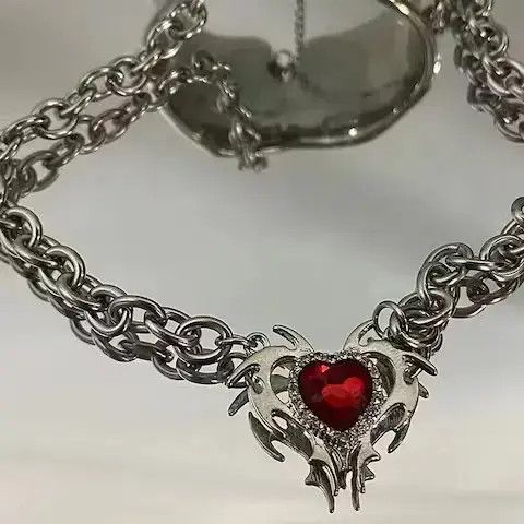 Jewelry Korea New Red Zircon Love Pendant Necklace in Silver, Men's