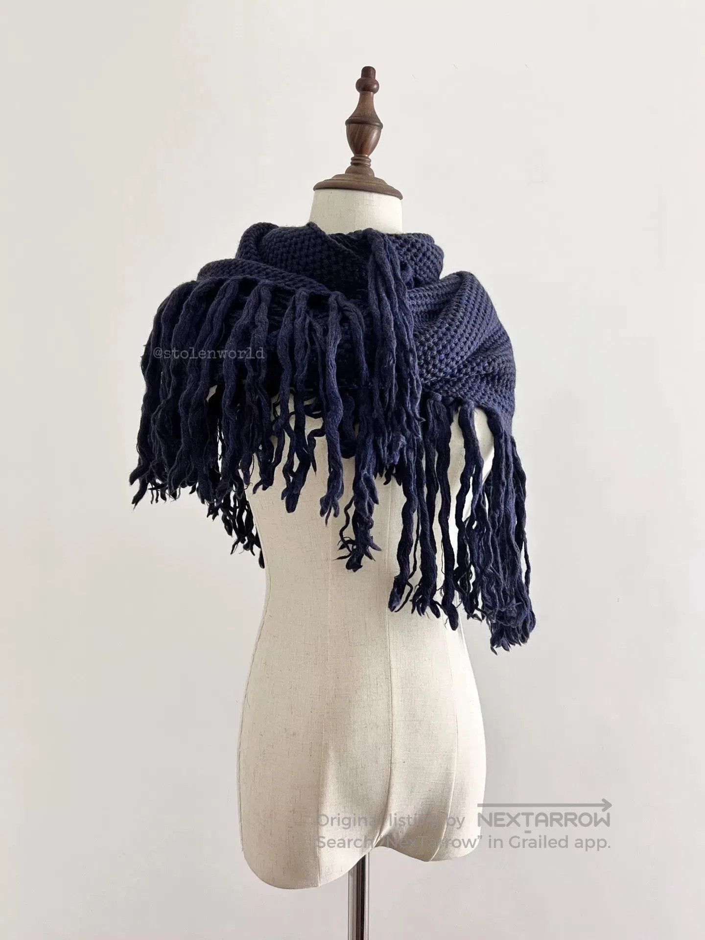 Y's soft wool fringed shawl in navy blue. Size ONE SIZE - 1 Thumbnail