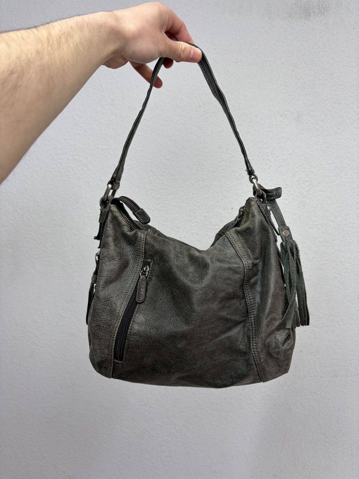 Hedi Slimane Distressed Leather Shoulder Bag Olive Vintage Slouchy Hobo Size ONE SIZE - 5 Thumbnail