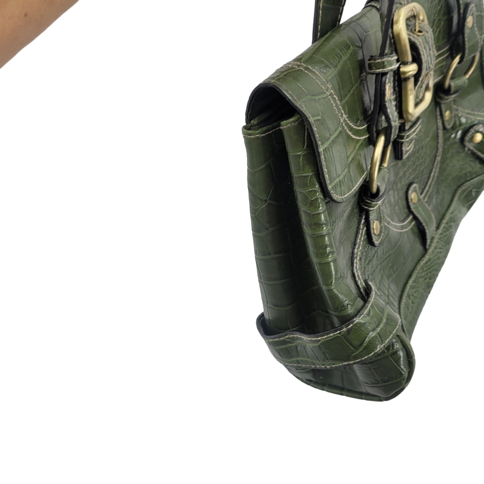 Vintage Vintage Green Vegan Faux Croc Shoulder Bag Satchel Gold Buck Size ONE SIZE - 8 Thumbnail
