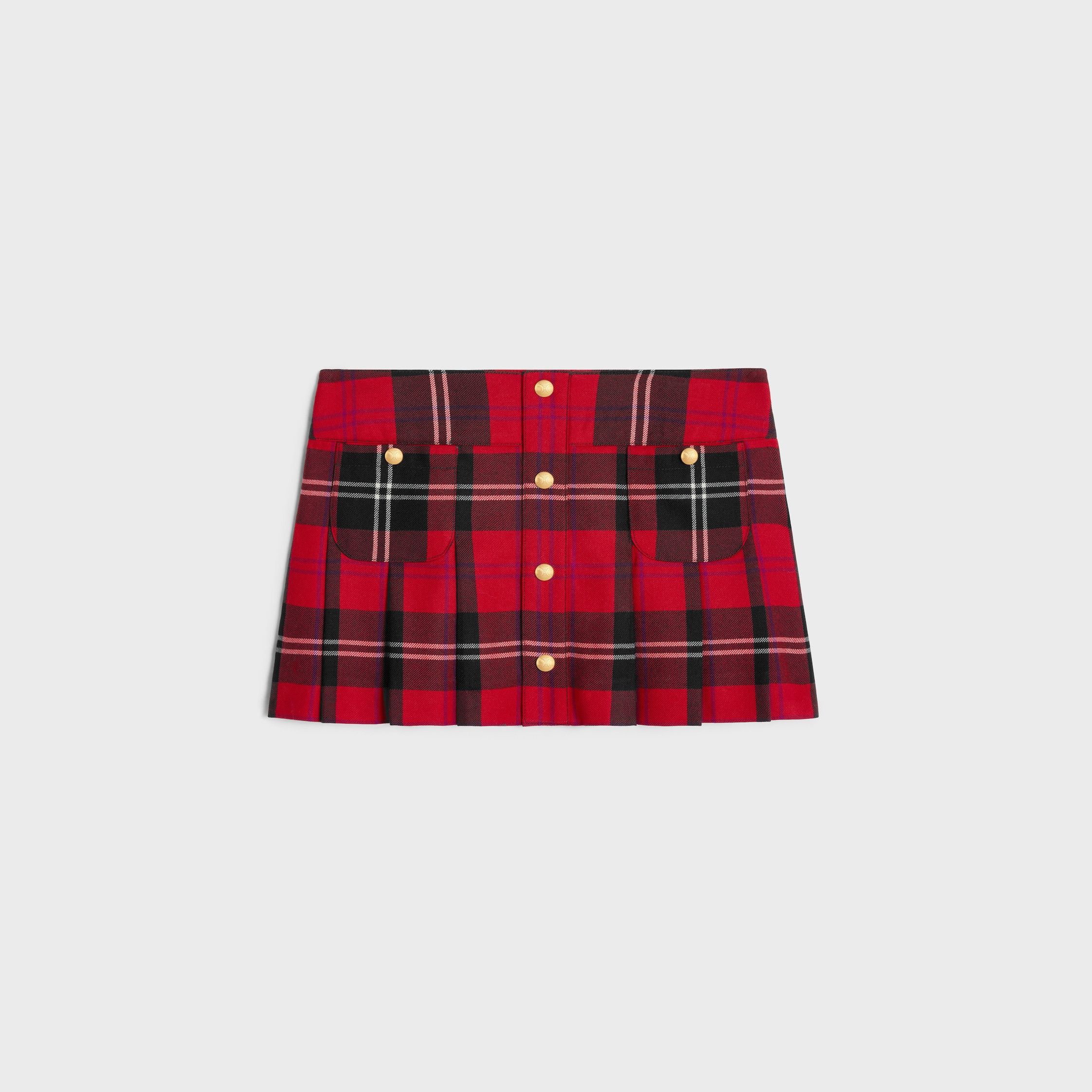 Celine PLEATED BANDEAU MINI SKIRT IN TARTAN WOOL red/black/chalk Size 28" / US 6 / IT 42 - 1 Thumbnail