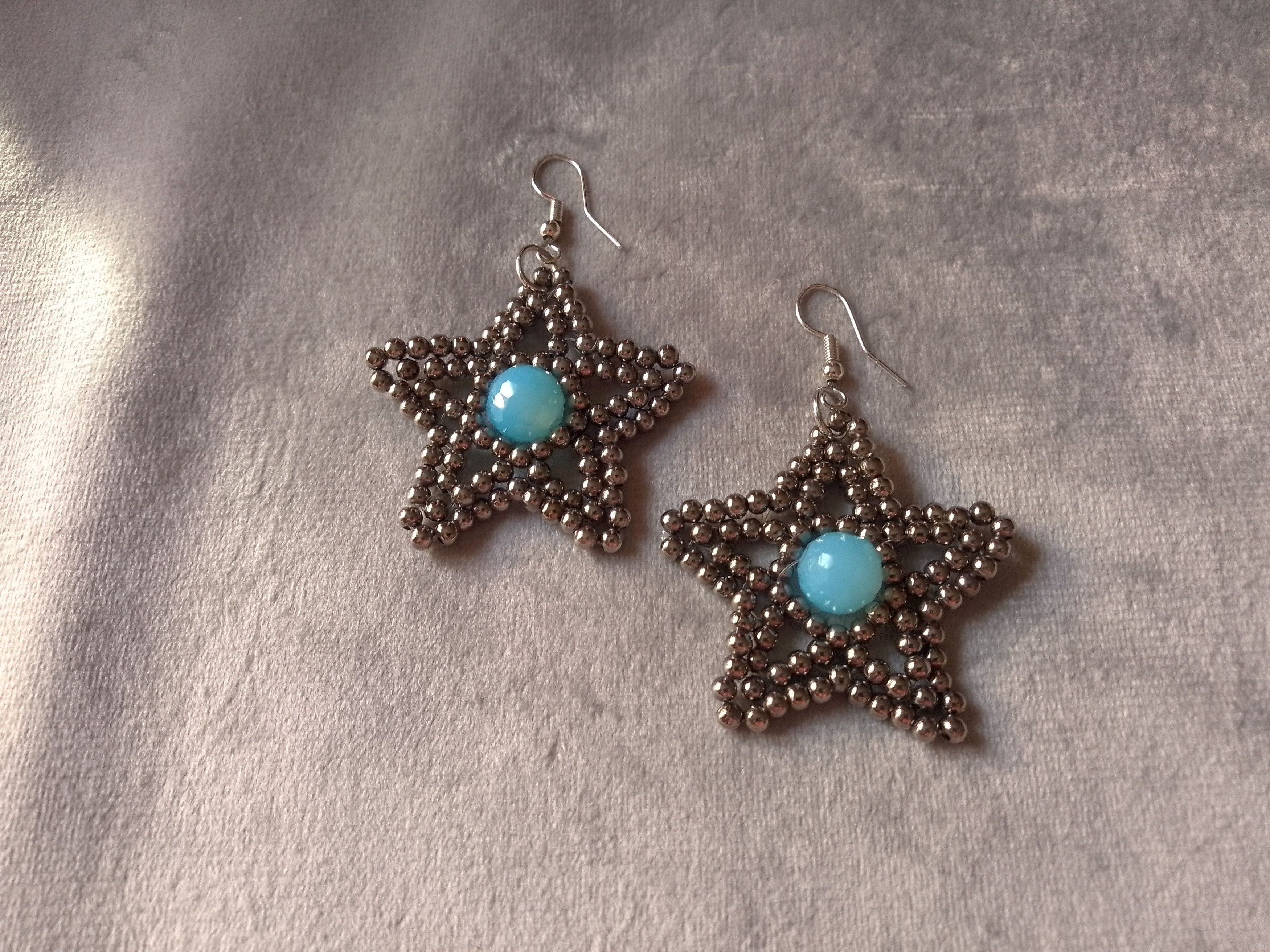 Handmade Earrings Star Brass Beaded Blue Crystal Unique Design Size ONE SIZE - 4 Thumbnail