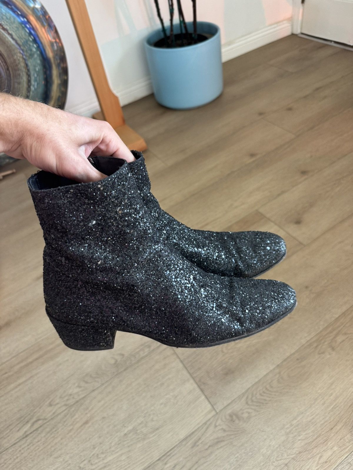 Pre-owned Saint Laurent Black Glitter Caleb Boots