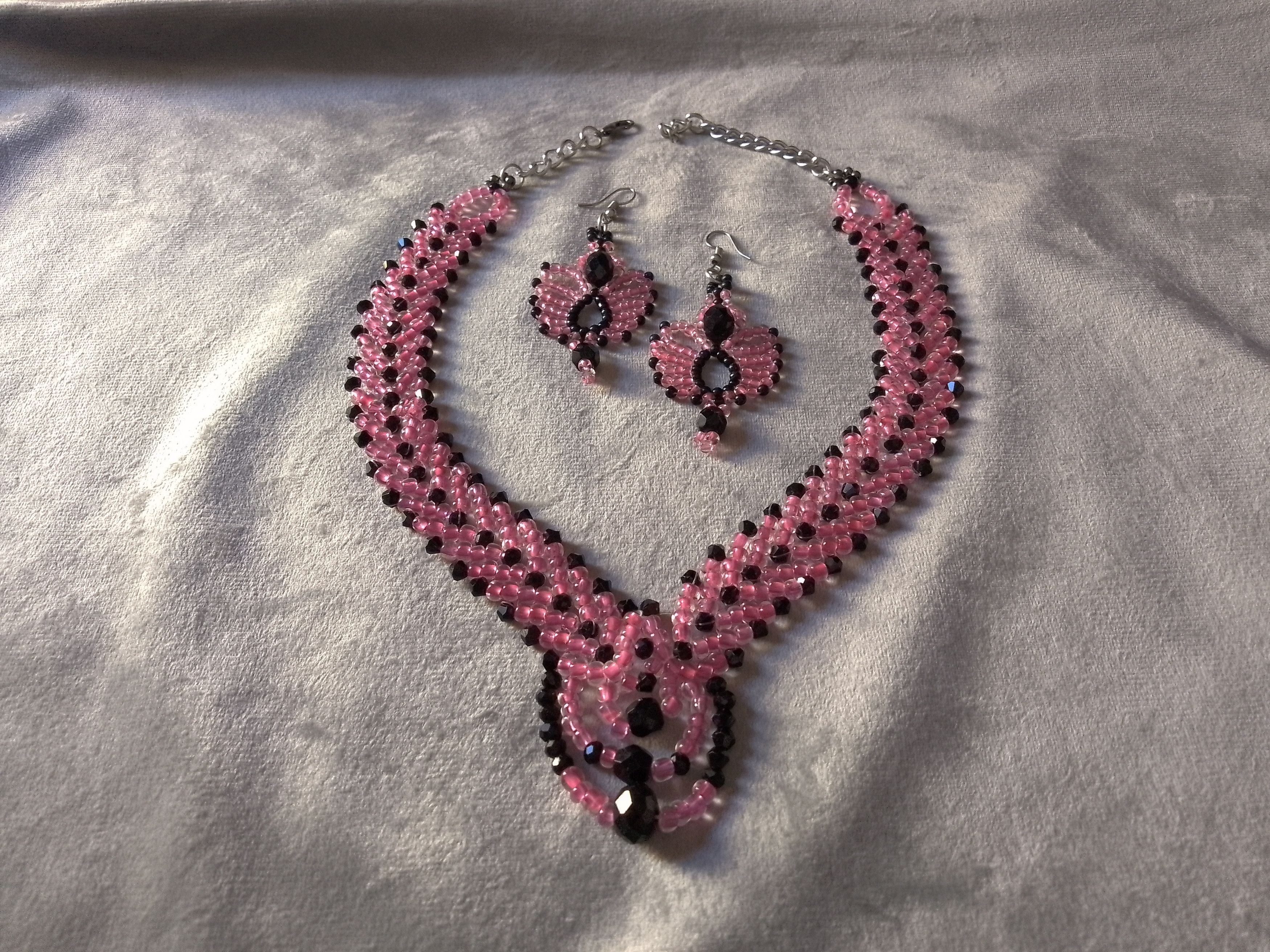 Handmade Necklace Braided Pink Black Earrings Crystals Elegant Size ONE SIZE - 7 Thumbnail
