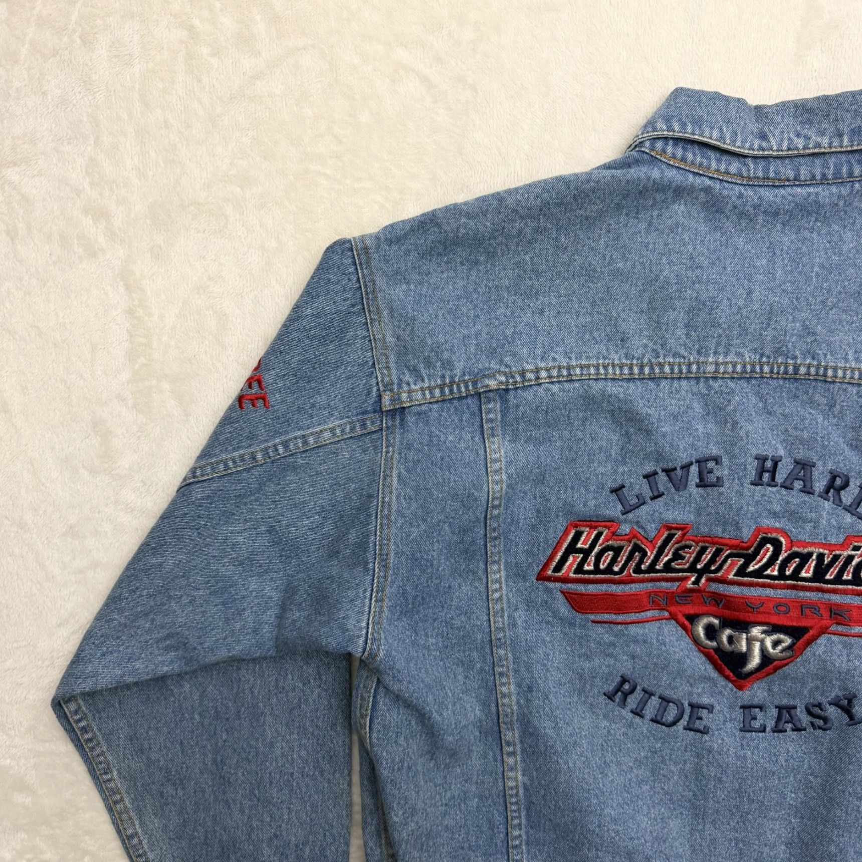 Harley Davidson VINTAGE Harley-Davidson NY Jacket Mens Large Blue Denim Cafe Embroidered 90s Size US L / EU 52-54 / 3 - 7 Thumbnail