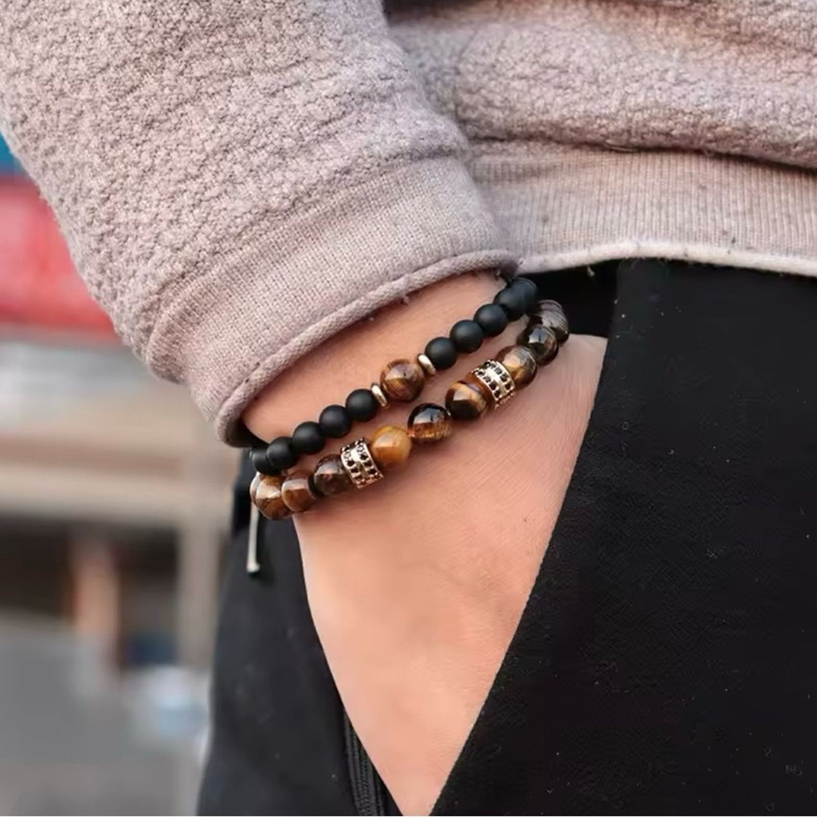 Other 2Pcs Men Bracelet Set Natural Tiger eye Beads Stone Bracelet Size ONE SIZE - 1 Thumbnail