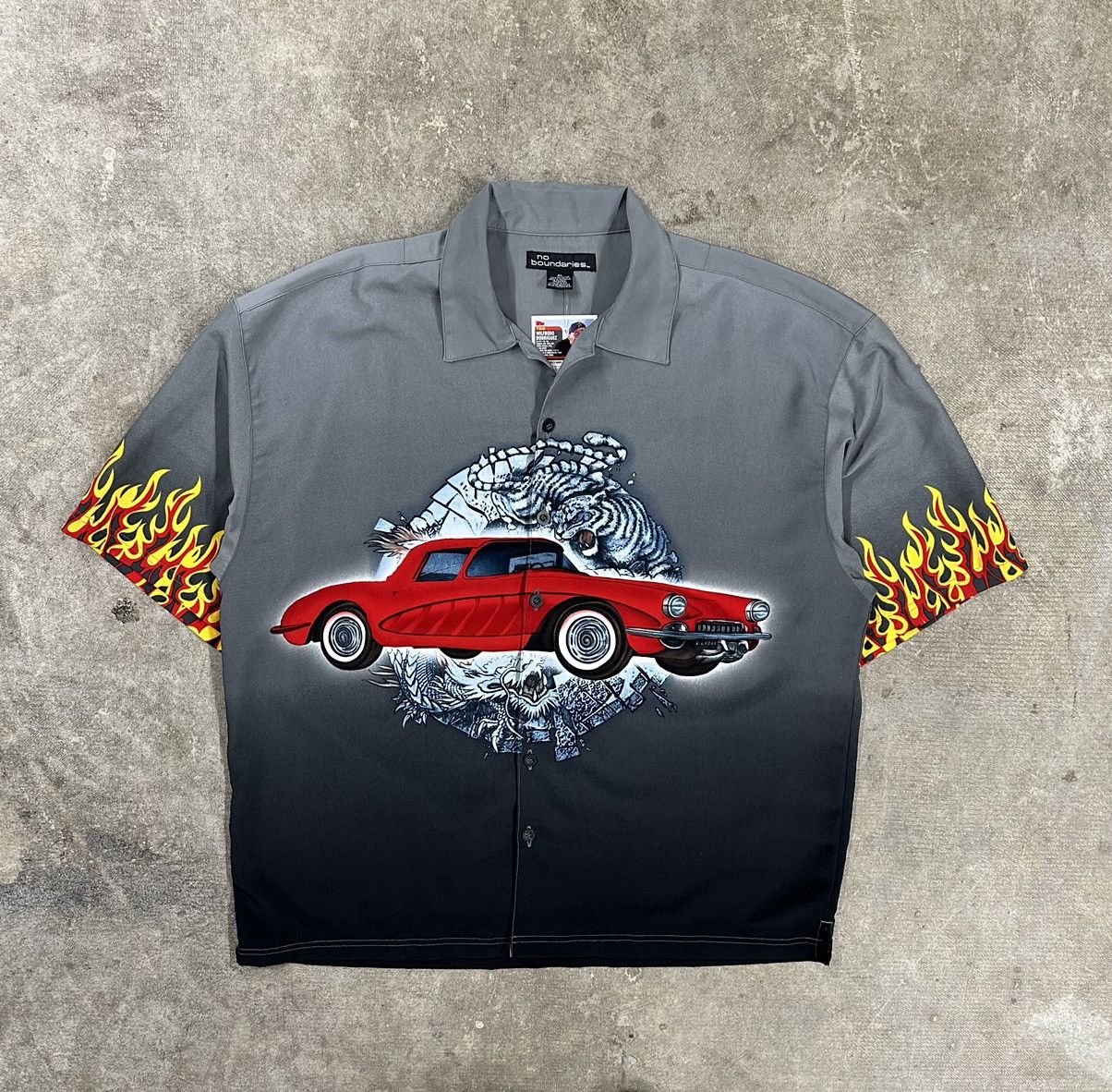Vintage Crazy Y2K No Boundaries Flames Car Tiger Dragon Button Up Size US XL / EU 56 / 4 - 1 Thumbnail