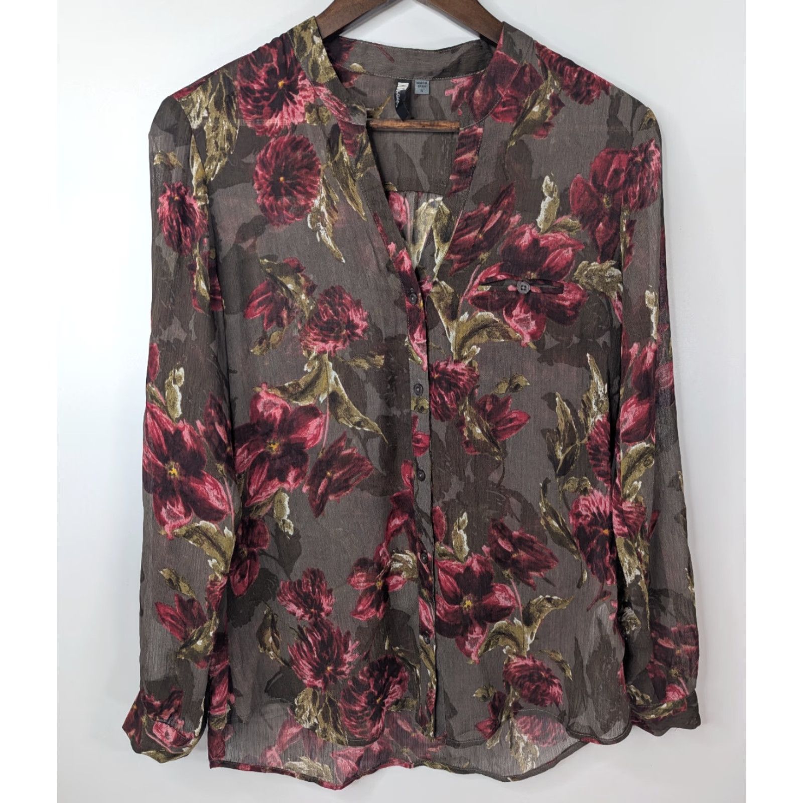 Vintage Kut from the Kloth Womens Blouse Shirt S Brown Floral Print Button V-Neck Sheer Long Sleeve Crepe Polyester Tunic Casual Size S / US 4 / IT 40 - 2 Thumbnail