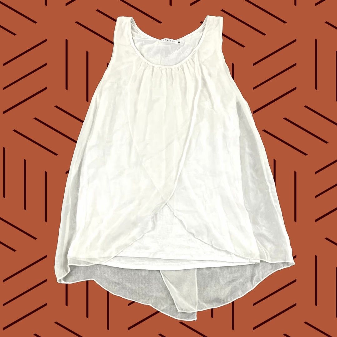 LUNA LUZ Women's Blouse Medium White Silk Sleeveless Halter Round Neck  Casual Classic