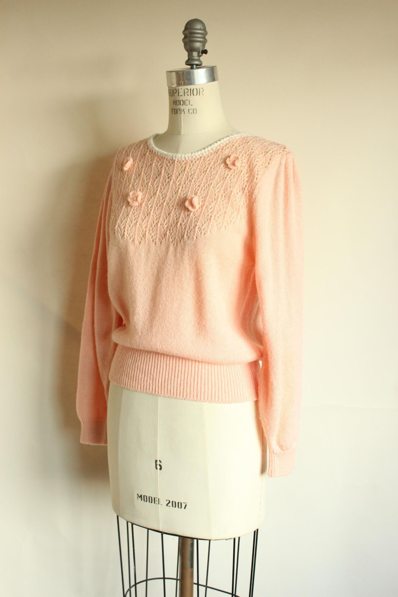 Vintage Vintage 1980s Sweater, Rt Mind Pink Pointelle Knit Pullover, Size M / US 6-8 / IT 42-44 - 8 Thumbnail